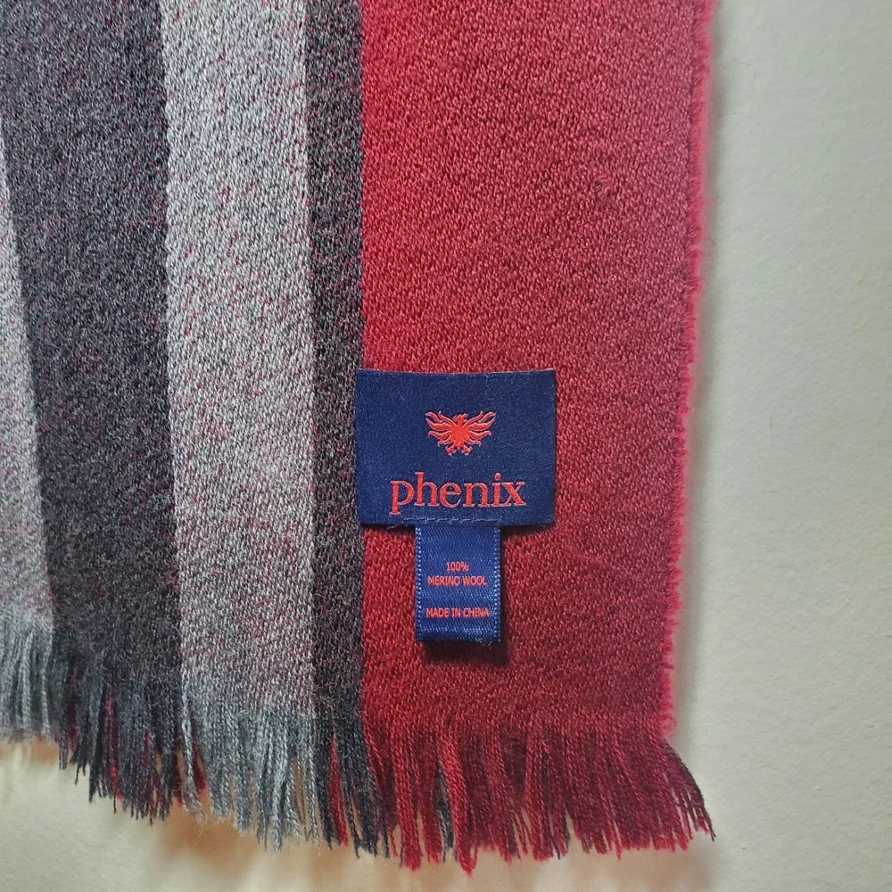Phenix‎ 100% Merino Wool Striped Scarf Red Gray Black w/Fringe 67